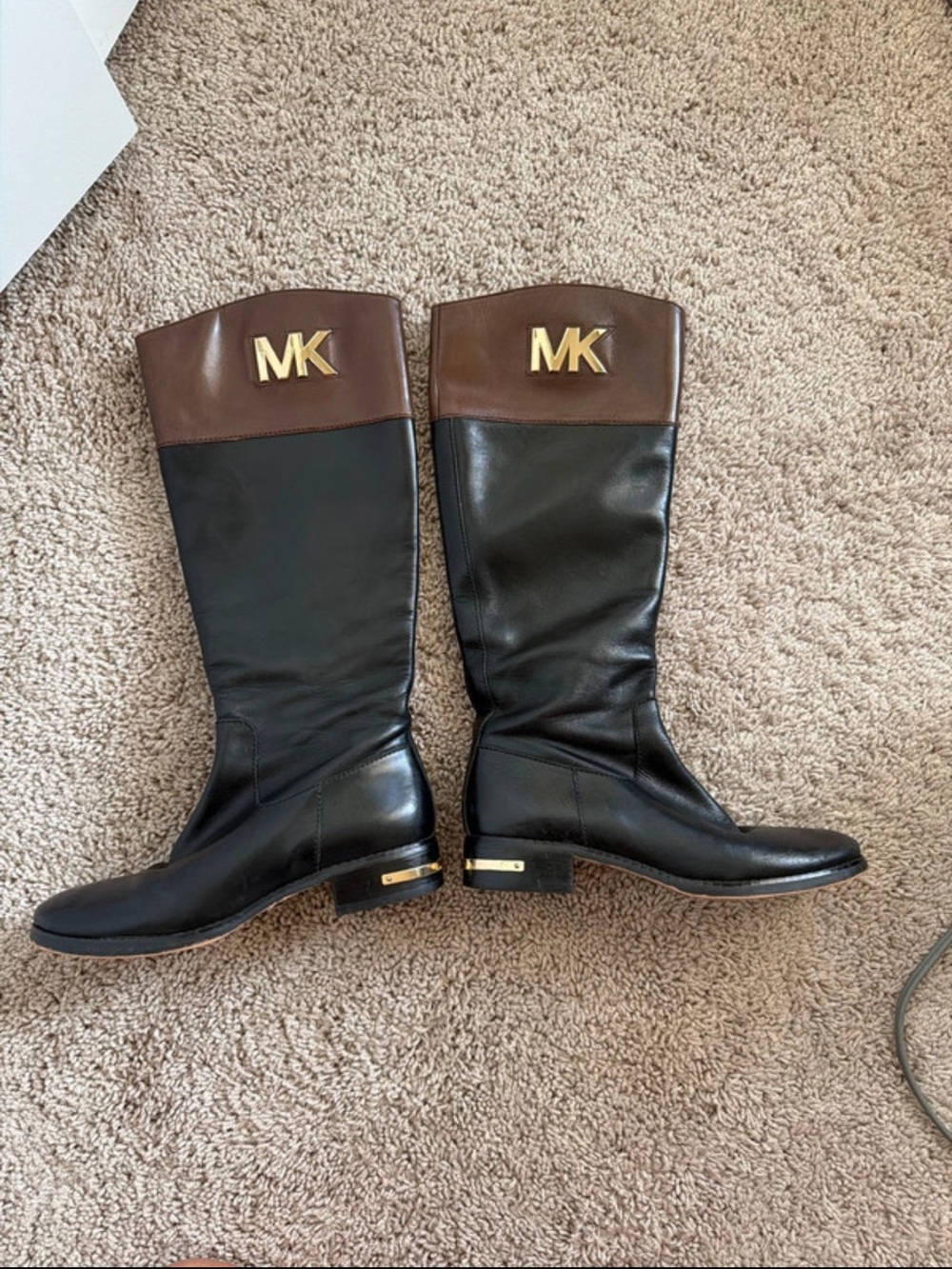 Michael Kors Black Leather Knee Boots with Brown Cuff and Gold MK Logo 7M
